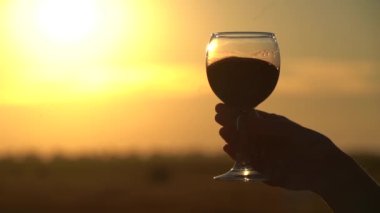 Gün batımında arka planda şarap eşliğinde kadehi tutarken yavaş çekimler. 