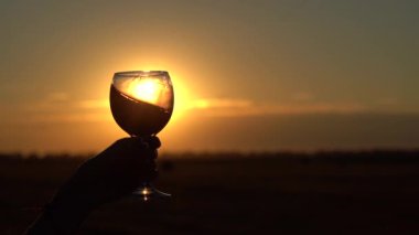 Gün batımında arka planda şarap eşliğinde kadehi tutarken yavaş çekimler. 