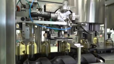 Şarap şişeleriyle yapılan yavaş bir nakliye ve Koblevo fabrikasındaki şişeleri şarapla kapatan makinenin görüntüsü.