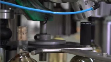 Şarap şişeleriyle yapılan yavaş bir nakliye ve Koblevo fabrikasındaki şişeleri şarapla kapatan makinenin görüntüsü.