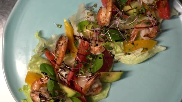 沙律与烤虾 蔬菜及其他蔬菜 — 图库视频影像