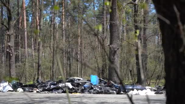 Забруднення Довкілля Використовувані Автомобілі Частин Кинуті Вздовж Дороги Лісі — стокове відео