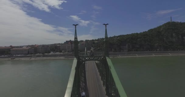 Flyga över Liberty Bridge på Donau i Budapest City. — Stockvideo