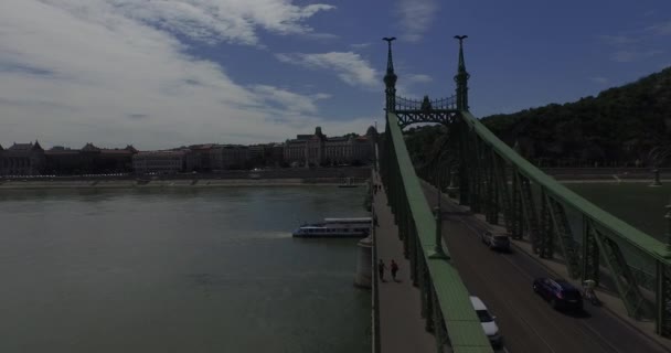 Volando sobre el Puente de la Libertad en el río Danubio en la ciudad de Budapest . — Vídeo de stock