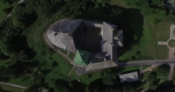 奥列斯科的中世纪城堡，利沃夫市附近。它坐落在风景如画的山上。空中 — 图库视频影像