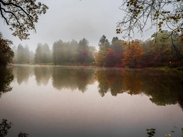 Schöne Herbstfarben Frühen Morgen Der Nähe Des Sees Mit Nebliger — Stockfoto