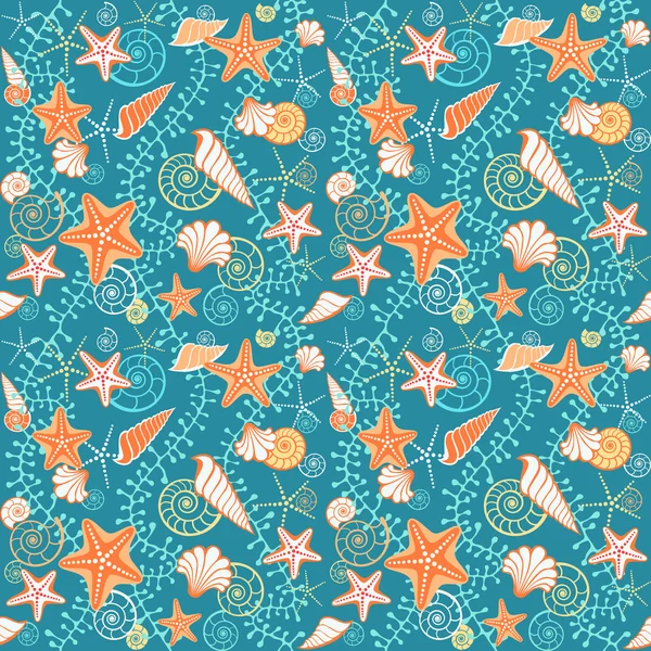 Fondo azul con conchas marinas, estrellas de mar y algas — Vector de stock