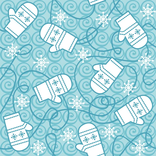 Seamless pattern with mittens and snowflakes — Stock Vector