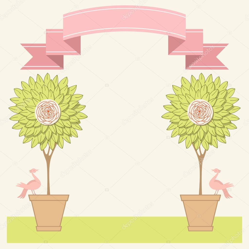 Background with topiary trees, birds
