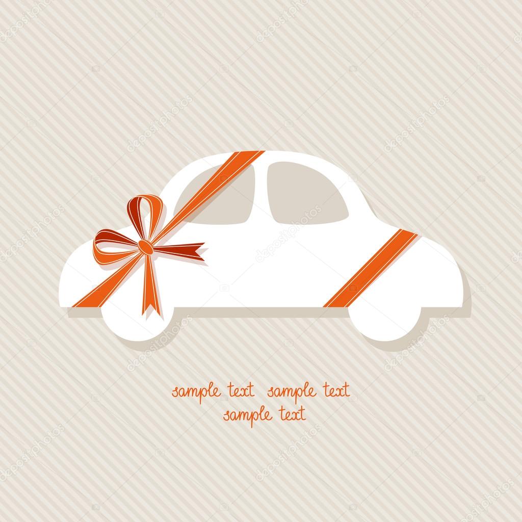 Banner in shape of car with red paper ribbon and bow