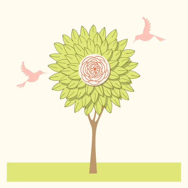 Árbol joven floreciente y un par de pájaros — Vector de stock