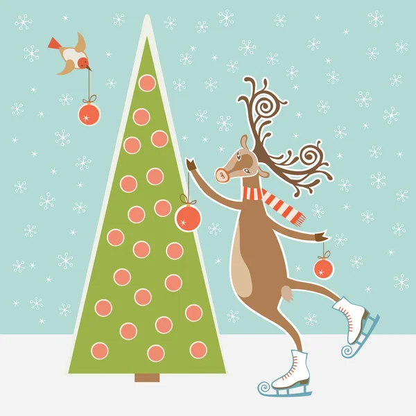 Christmas tree and skating deer — Stock Vector