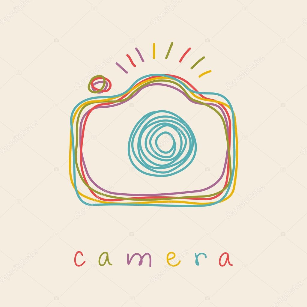 Vector camera icon. Doodle hand drawn sign in sketch childish style. Original decorative illustration for print, web