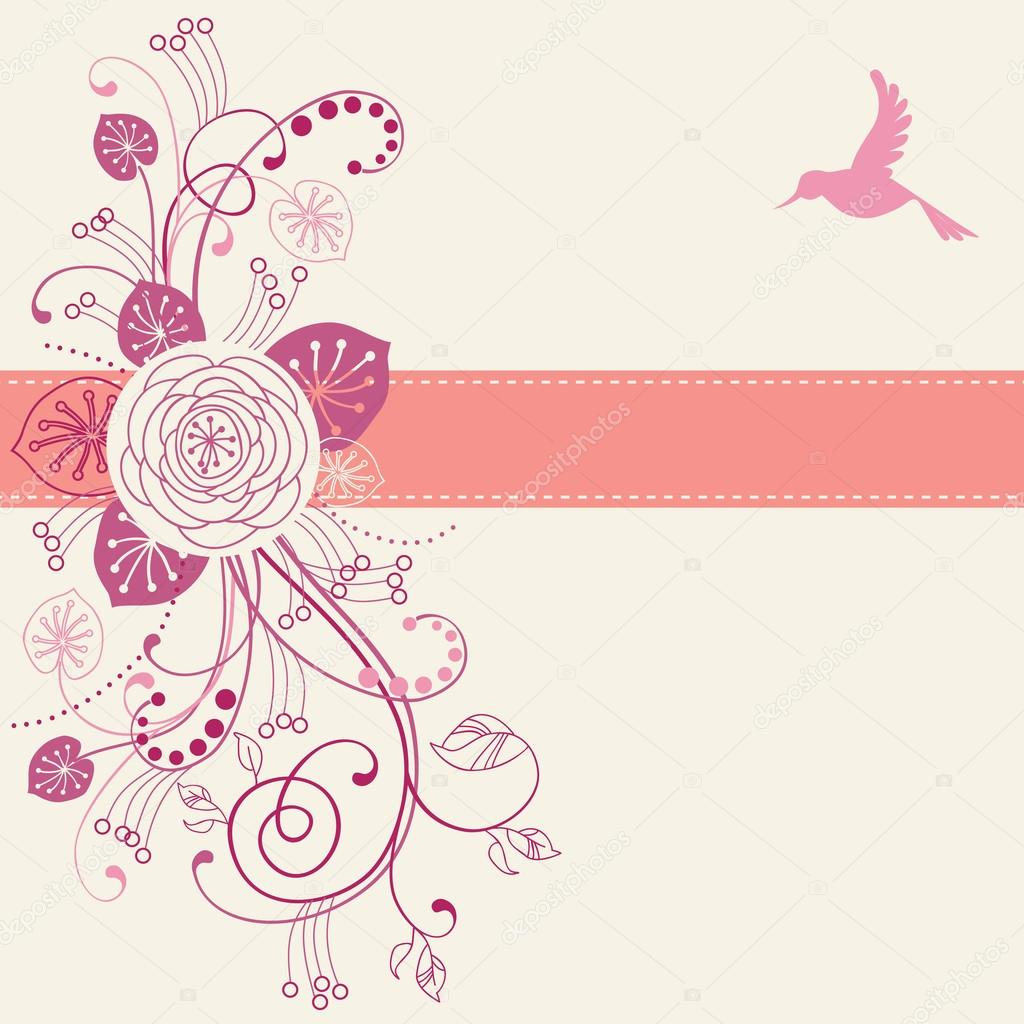 Card with flowers, bird and ribbon
