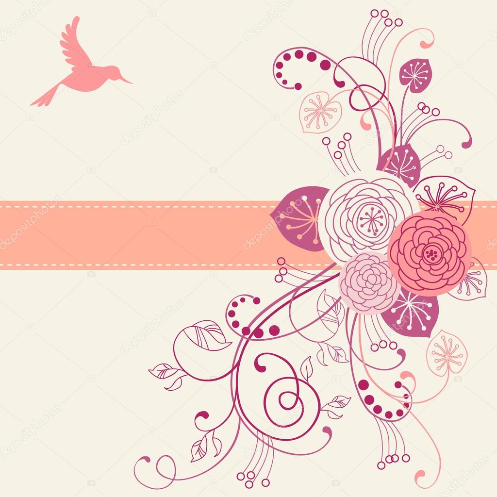 Design with flowers, bird and ribbon