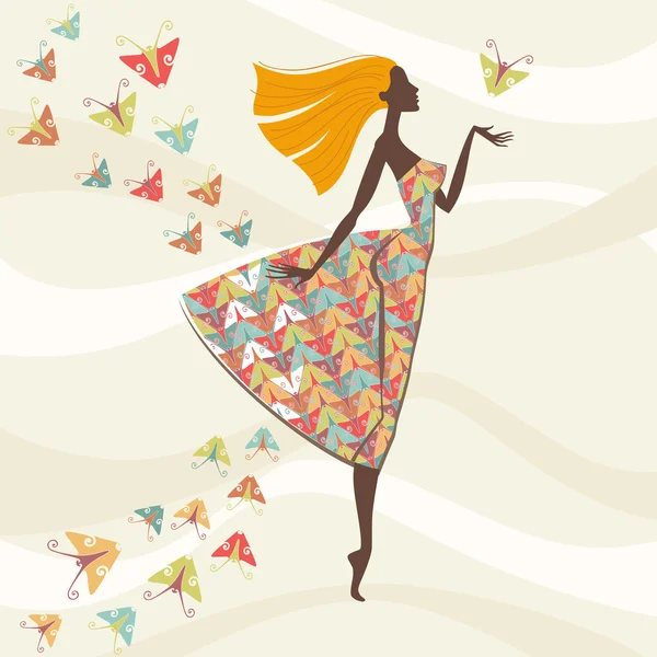 Vrouw in jurk van vlinders Vectorbeelden