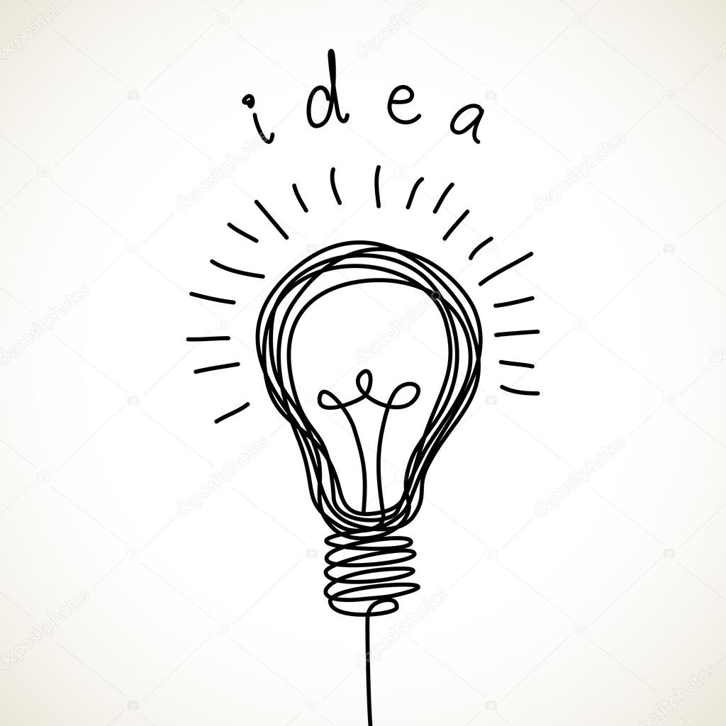Vector light bulb icon with concept of idea. Doodle hand drawn sign