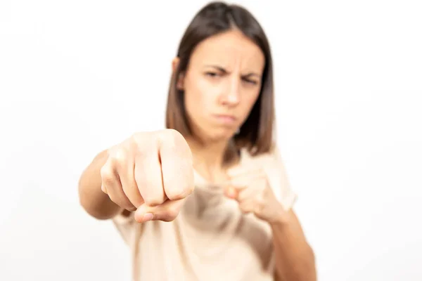 Young Woman Giving Punch Striking Selective Focus Fist — Stock Photo, Image