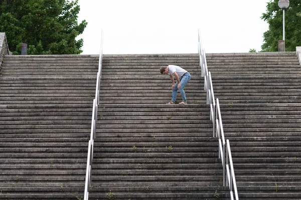 Exhausted Man Going Stairs Just Reaching Top Hard Way Success — Stock Photo, Image