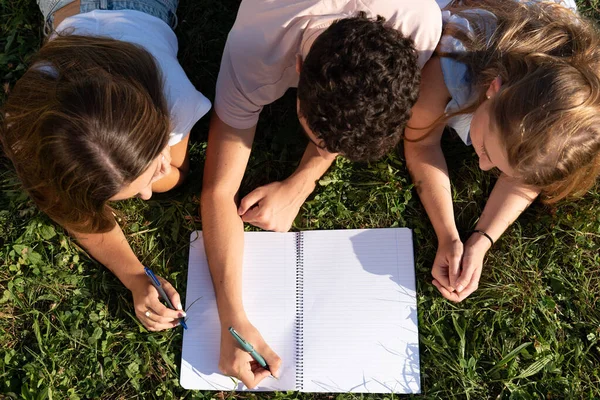 Vista Cima Estudantes Adolescentes Que Trabalham Escrevem Caderno Trabalho Equipe — Fotografia de Stock