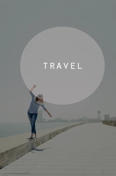 Hipster woman walking near sea. Oval insert with travel sign — Stock Photo, Image