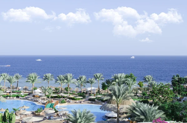 Prachtige exotische natuur uitzicht over zee via zwembad en palmen — Stockfoto