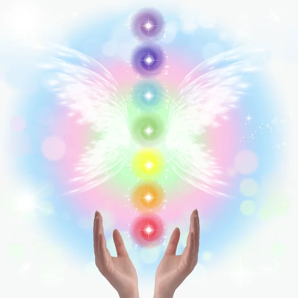 Healing Hands and seven chakras — Stock Photo, Image