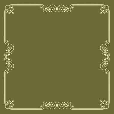 Dekoratif kare çerçeve swirls ve yaprakları ve yeşil arka plana sahip. Davetiyeler ve sertifikalar için şablon. 