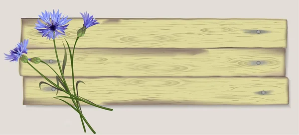 Afbeelding, banner, achtergrond met korenbloemen op houten planken. — Stockvector