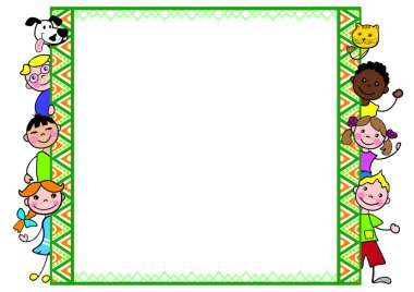 Elle çizilmiş çocuklarla dekoratif çerçeve, bir köpek ve komik bir kedi için diploma, A4 sayfa biçimi, illüstrasyon vektör. CMYK renk modu.