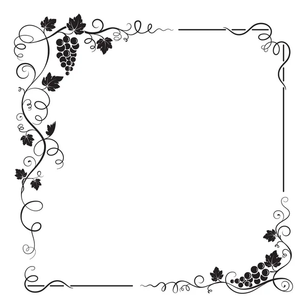 Dekoratív fekete négyzet alakú keret a szőlőfürt, szőlő levelek, kavarog. — Stock Vector