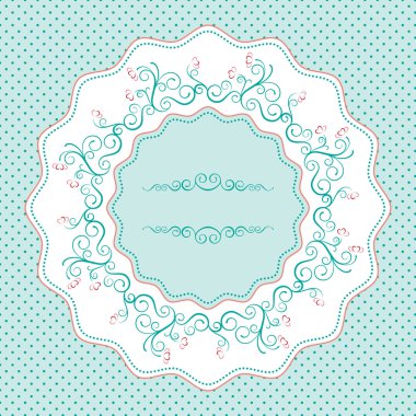 Yuvarlak çerçeve swirls, çiçekler ile; Retro polka arka plan; peçete, menü.