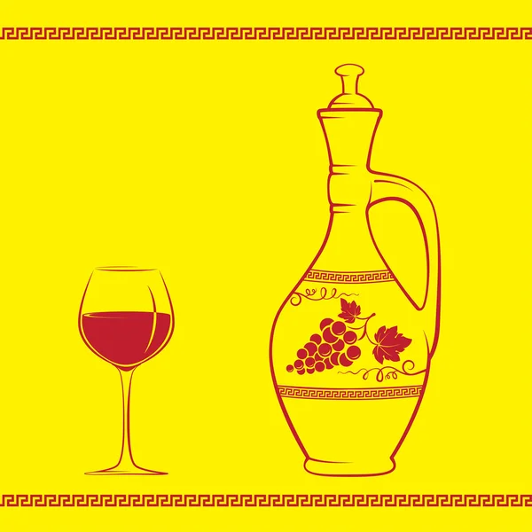Wine jug decorated with grape and leaves, glass of red wine, Greek traditional pattern, pattern brush is included. Easy to replace colors. — Stock Vector