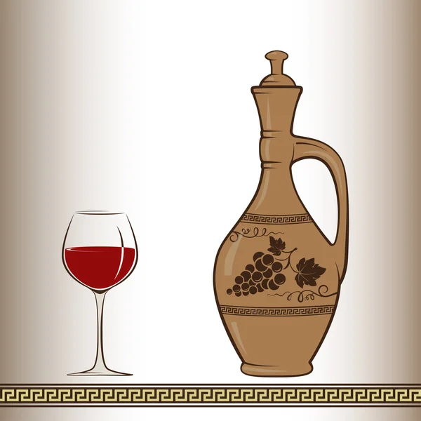 Jarro de vinho decorado com uva e folhas, copo de vinho tinto, padrão tradicional grego, escova padrão está incluído. Fácil de substituir cores . — Vetor de Stock