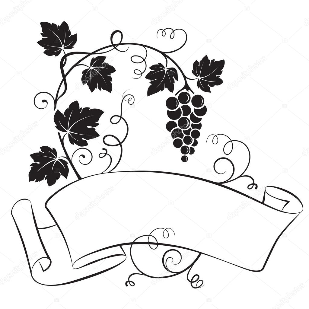 Rotolo di nastro con un grappolo di uva e foglie etichetta per un vino