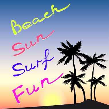 Palmiye ağaçlarının silüetler ile tropikal gün batımı. Kelime beach, güneş, sörf, eğlenceli. Vektör çizim t-shirt için.