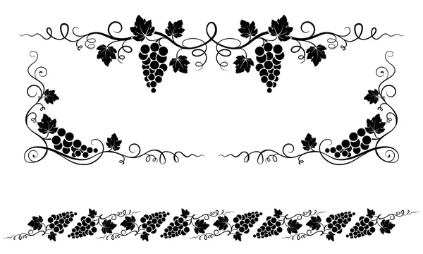 Decorative elements, corners with bunches of grape, grape leaves. — Stock Vector