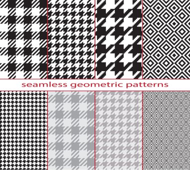 Dizi kesintisiz geometrik siyah beyaz desenler, houndstooth, elmas, Dama Tahtası. Desen renk örnekleri vektör dosyasına dahil edilir.