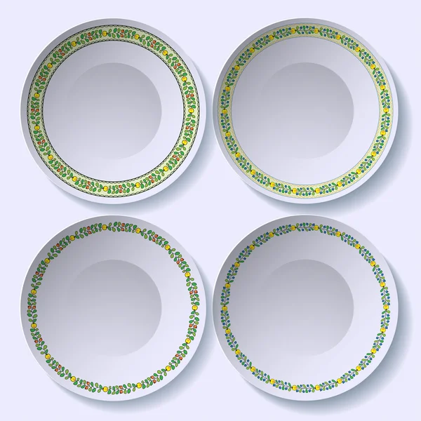 Platos de cerámica con adorno de bayas. Los pinceles de patrón están incluidos en el archivo vectorial . — Archivo Imágenes Vectoriales