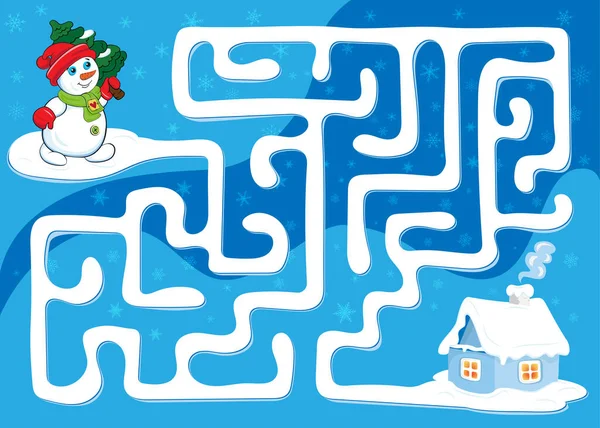 Çocuklar için labirent oyunu. Küçük köy evine Noel ağacı taşıyan bir kardan adam. Labirentten geçmesine yardım et. Kış tatili geçmişi. 