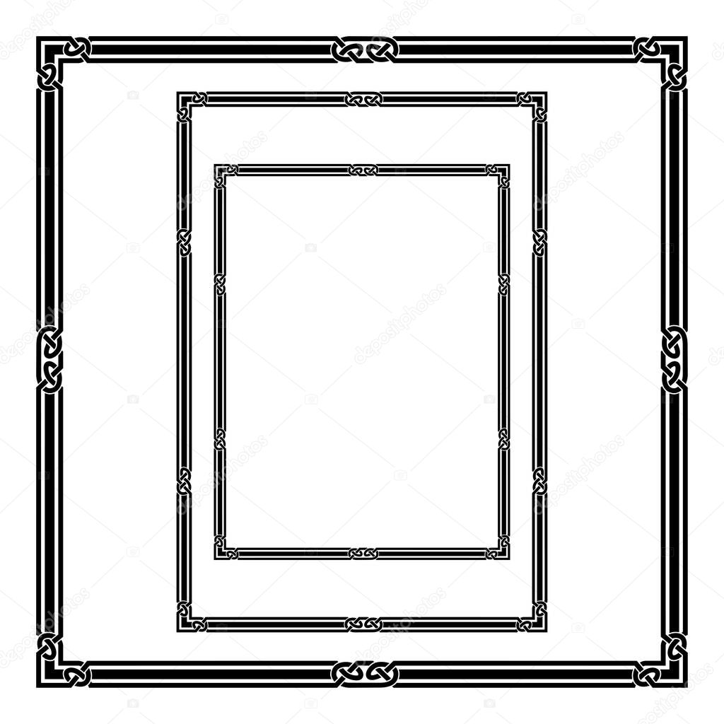 Set of black frames, Celtic, Arabic style. A3, A4, Letter proportions, square frames. Celtic knots, overlapping lines.