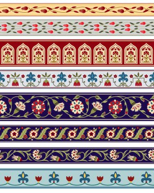 Çeşitli tuhaf çiçeklerle kusursuz sınırlar. Orta Asyalı, Suzani tarzı. Kalıp fırçaları dahil.