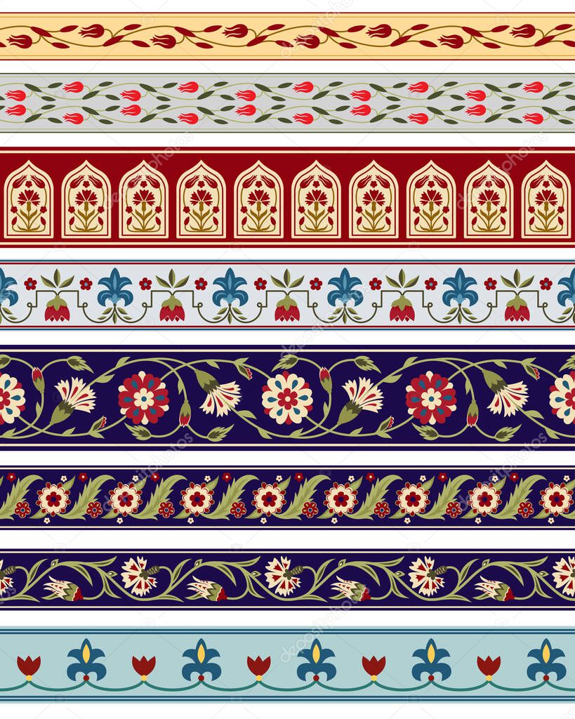 Seamless borders with various whimsical flowers. Central Asian, Suzani style. Pattern brushes included.