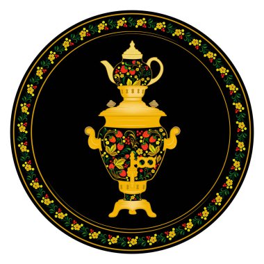 Samovar ve çaydanlık. Khokhloma ile süslenmiş, Rus geleneksel boyanmış çiçek deseni. Kusursuz sınır, Khokhloma tarzı. 