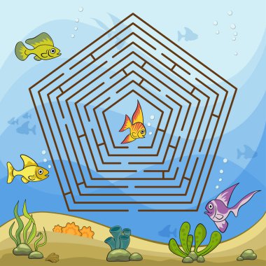 Çocuklar ve yetişkinler için labirent oyunu. Küçük balığın labirentten çıkmasına yardım et..