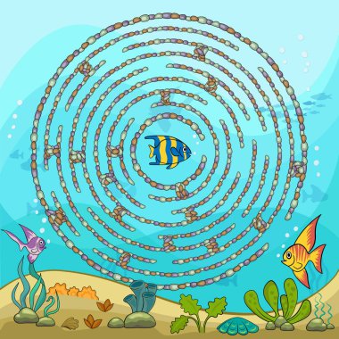 Taş labirentten çıkmaya çalışan balıklı çocuklar için labirent oyunu. Sualtı okyanus yaşamı, egzotik balıklar, kabuklar ve su bitkileri..