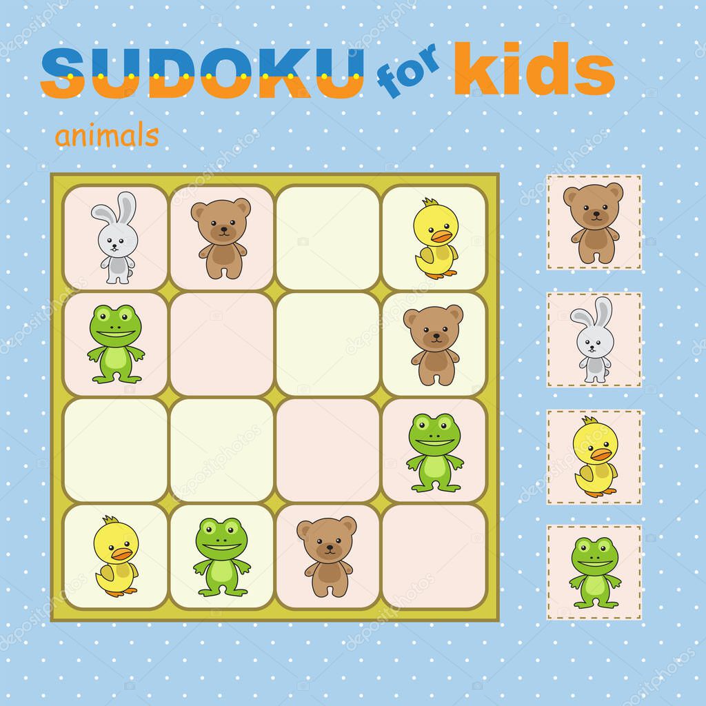 Sudoku for kids with various animals. Bear, frog, bunny, chick. Seamless polka dot pattern as a background.