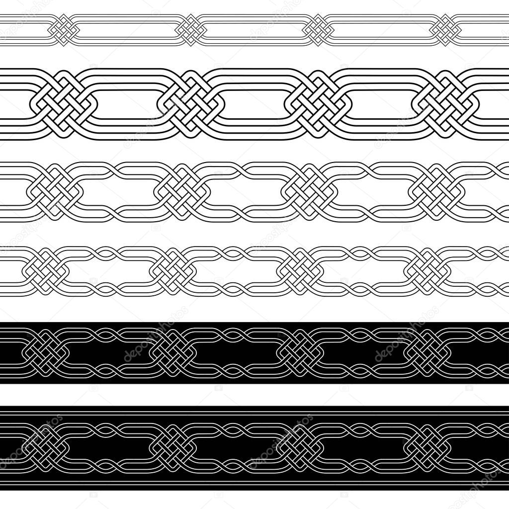 Seamless black and white borders. Arabic, Celtic style. Pattern brushes included.