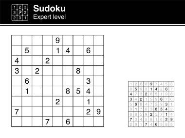 Sudoku. Uzman seviyesinde. Siyah ve beyaz, çözümü ile. Sudoku simgesi.