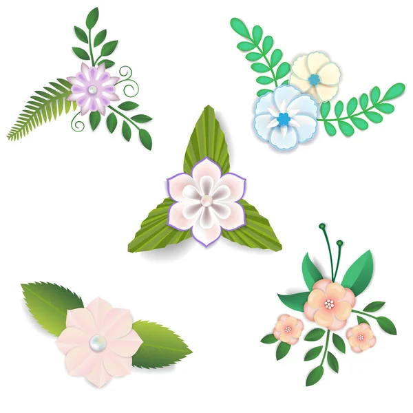 Set Paper Art Flowers Leaves — Stock Vector